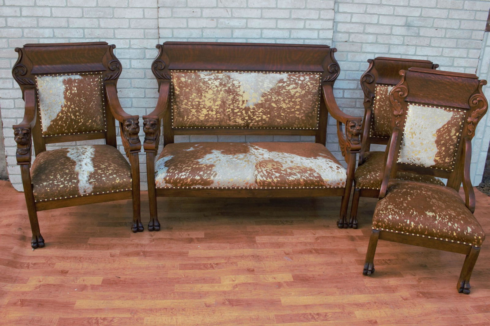 Antique Empire Style Figural Hand Carved Newly Upholstered - 4 Piece Parlor Set (1 of 10)