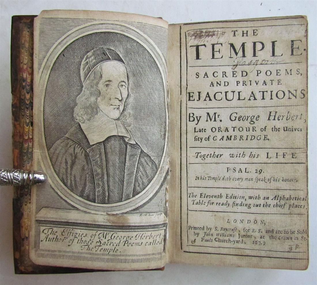 1679 THE TEMPLE by George Herbert ANTIQUE in ENGLISH: The Temple. Sacred Poems, And Private Ejaculations. By Mr. George Herbert, Late Orator of the University of Cambridge. Together with his life. The eleventh edition, corrected, with alphabetical table.