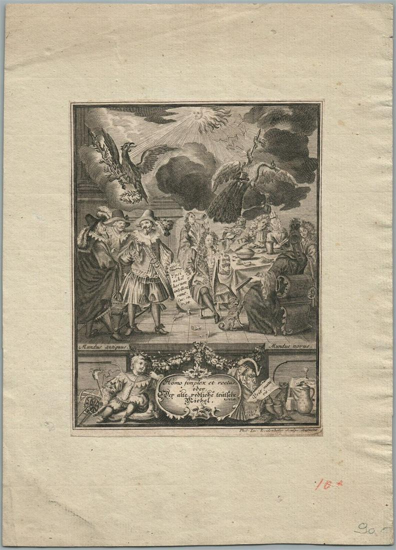 1708 WOODCUT ENGRAVING TITLEPIECE of HOMO SIMPLEX ET RECTUS by M. NATTENHAUSEN: WOODCUT ENGRAVING from Homo simplex et rectus, Oder Der alte redliche Teutsche Michel. Das ist: Sittliche, aus Göttlicher Heiliger Schrifft, mit anmuthigen Historien, schönen Gleichnussen un