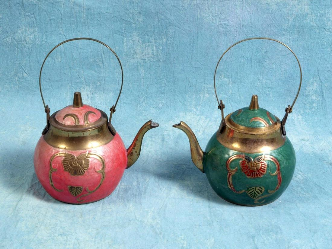 Oriental Cloisonne enamel brass teapot pink green Vintage Miniature (1 of 6)