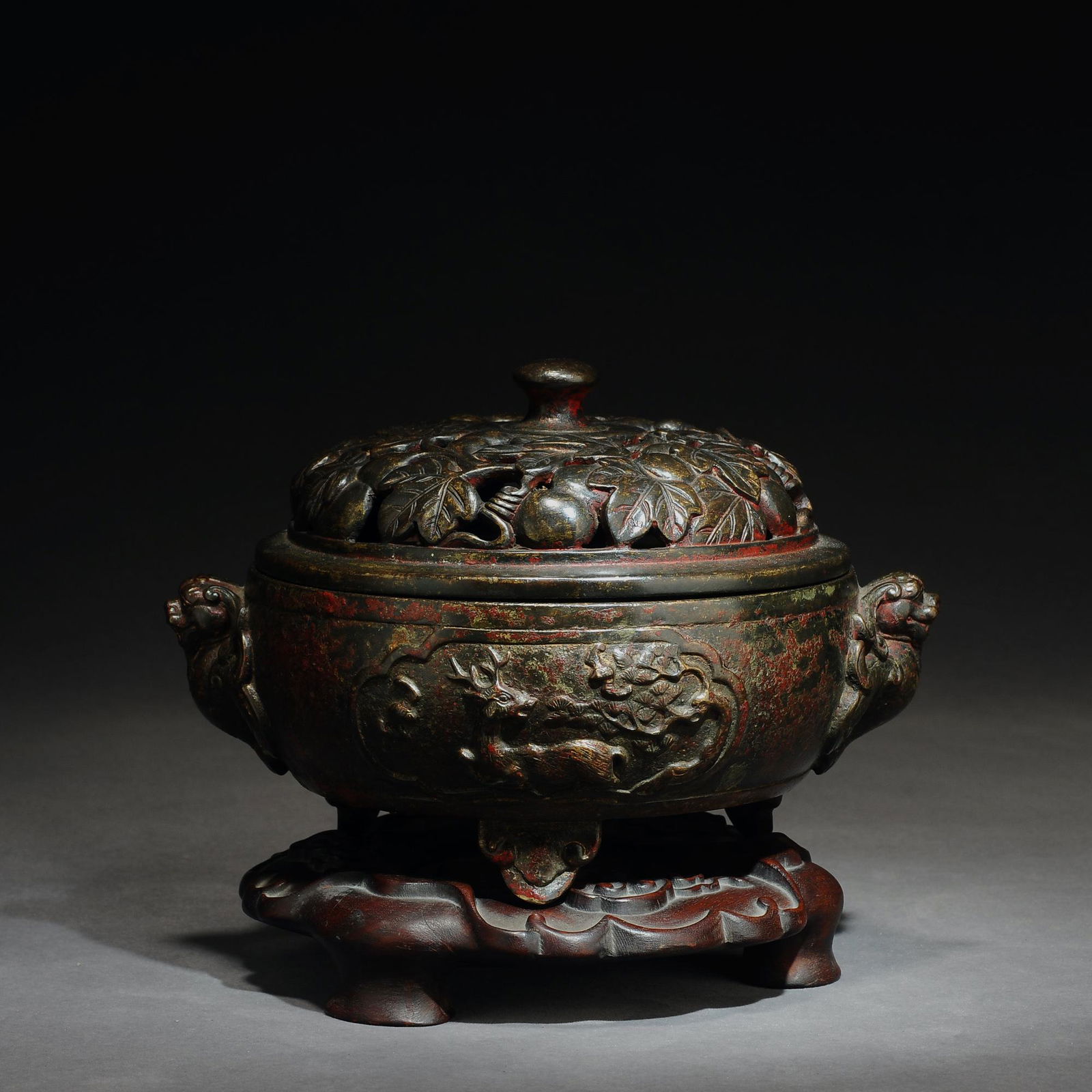 Qing Dynasty bronze two-eared lion incense burner sculpture (1 of 9)