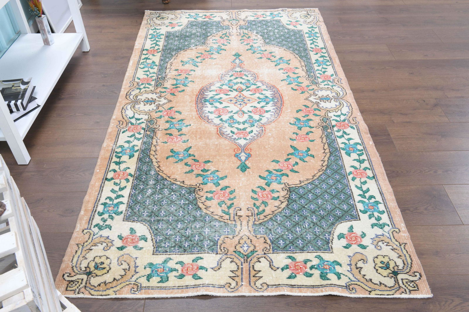 3'8x6'9 Ft Oushak Vintage Turkish Rug Entry Area: Title: 3'8x6'9 Ft Oushak Vintage Turkish Rug Entry Area Origin: Turkey Date/Period: 1960 - 1970 Dimension: Width: 3.8 feet | Length: 6.9 feet Materials: Wool And Cotton Description: This Turkish Rug o