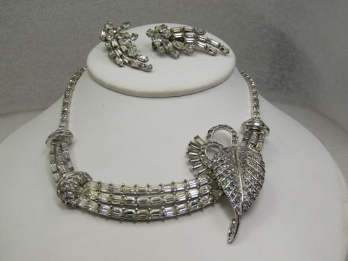 Vintage Rhinestone Leaf Statement Necklace & Earrings,  Art Deco Themed, 1940's (1 of 10)