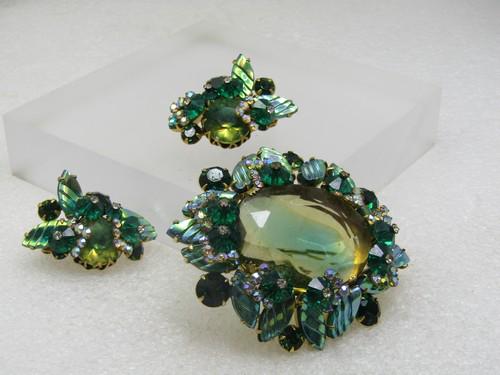 Vintage Alice Caviness Green Rhinestone Brooch/Earrings Set, 1940's-1950's (1 of 7)