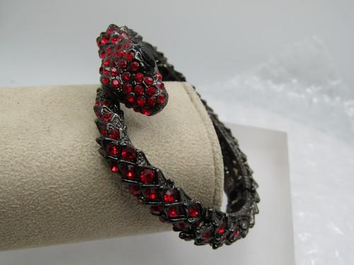 Red Rhinestone Snake Bracelet, 7.75", Clamper Style, Black Metal (1 of 7)
