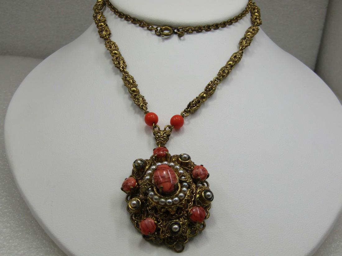 Vintage Western Germany Orange Glass & Pearl Necklace, 24" (1 of 8)