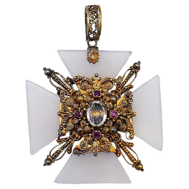 Victorian 14k Gold Multi-Gems Maltese Cross Pendant (1 of 4)