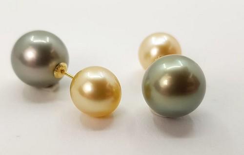9.5x12mm Round Tahitian and Golden Pearls - 18 kt. Yellow gold - Earrings: Title: 9.5x12mm Round Tahitian and Golden Pearls - 18 kt. Yellow gold - Earrings Description: These earrings showcase a modern and iconic design. The timeless style is composed of one high quality rou