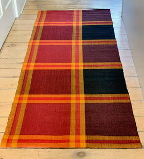 c 1890-1910 Wool Rag Carpet: Title: c 1890-1910 Wool Rag CarpetDimension: 7 ft 4 in x 32 inCirca: c 1890-1910Additional Information: Spectacular Rag Carpet. Bold red, yellow & blackish red. Shipping:Domestic: Flat-rate of