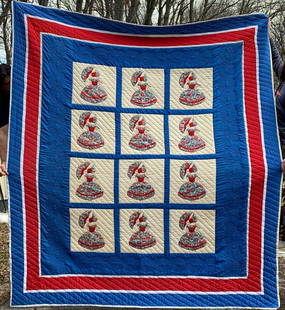 VTG VICTORIAN LADY QUILT COVERLET BEDSPREAD 106'' x 92'': Title: VTG VICTORIAN LADY QUILT COVERLET BEDSPREAD 106'' x 92''Date/Period: UNKNOWNDimension: APPROX 106" X 92"Material: FABRICAdditional Information: VTG VICTORIAN LADY QUILT COVERLET BEDSPREAD