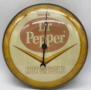 1961 DR PEPPER THERMOMETER PAM CLOCK CO GLASS DOME HOT OR COLD: Title: 1961 DR PEPPER THERMOMETER PAM CLOCK CO GLASS DOME HOT OR COLDDate/Period: 1961Dimension: 12"Material: mixed materialsAdditional Information: VINTAGE DR PEPPER THERMOMETER PAM CLOCK CO 1961