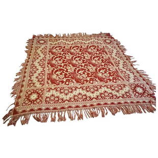 Antique Woven American Coverlet mid 1800's: For sale is an antique wool blend woven coverlet with beautiful pattern through out , woven in colors of red, and cream . The corners are frayed but the rest is in excellent condition, non smoking