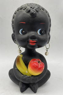 KENMAR JAPAN ANTIQUE ORIGINAL CHALKWARE BLACK AMERICANA BOBBLE HEAD BANK: Title: KENMAR JAPAN ANTIQUE ORIGINAL CHALKWARE BLACK AMERICANA BOBBLE HEAD BANKDate/Period: approx 1930-50'sDimension: approx 7"Material: chalkwareAdditional Information: KENMAR JAPAN ANTIQUE