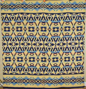 Graphic 40's Indian Blanket, Mint Condition: Title: Graphic 40's Indian Blanket, Mint ConditionDate: 1940'sOrigin: KentuckyMaterial: Cotton BlendDimension [INCHES]: 74" X 78"Provenance: 1940's navy, light blue, brown and tan camp blanket, with