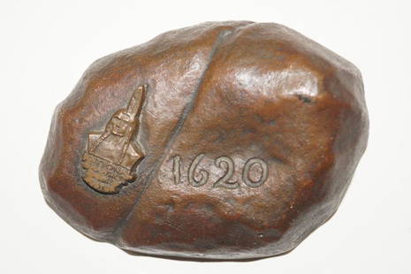 Plymouth Rock Advertising Bronze Paperweight: Title: Plymouth Rock Advertising Bronze PaperweightDimension: 1 3/4" tall x 3 7/8" wide x 2 3/4"wide.Date: Ca. 1940's-50's.Additional Information: Vintage Souvenir 1620 Plymouth Rock Advertising