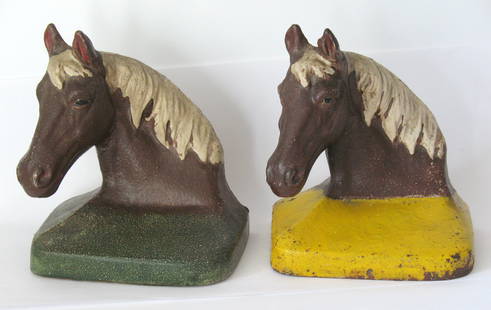 Antique cast iron horse head bookends.: Title: Antique cast iron horse head bookends.Circa: 1920'sDimension: 4 1/2” x 3” x 51/4” highAdditional Information: Nice unusual pair of antiques cast iron horse head bookends in