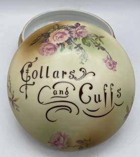 1800's COLLARS & CUFFS LIDDED PORCELAIN BOX BY FRANCES MORLEY & CO.: Title: 1800's COLLARS & CUFFS LIDDED PORCELAIN BOX BY FRANCES MORLEY & CO.Date/Period: mid to late 1800's to early 1900'sDimension: APPROX 7.25 DIAMETERMaterial: porcelain ceramicAdditional