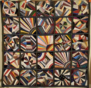 Museum Quality Silk Crazy Sampler Quilt c. 1900: Title: Museum Quality Silk Crazy Sampler Quilt c. 1900 Date: 1890-1910 Origin: Ohio Material: Silk Dimension [INCHES]: 60" X 60" Provenance: Silk crazy tied quilt, all hand stitched, done in a sampler