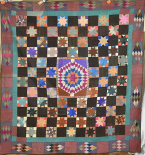 Color 1850's Center Medallion Quilt: Title: Color 1850's Center Medallion Quilt Date: 1840's / 1850's Origin: Ohio Material: Silk Dimension [INCHES]: 70" X 76" Provenance: Silk center medallion quilt, all hand pieced and hand quilted, wi