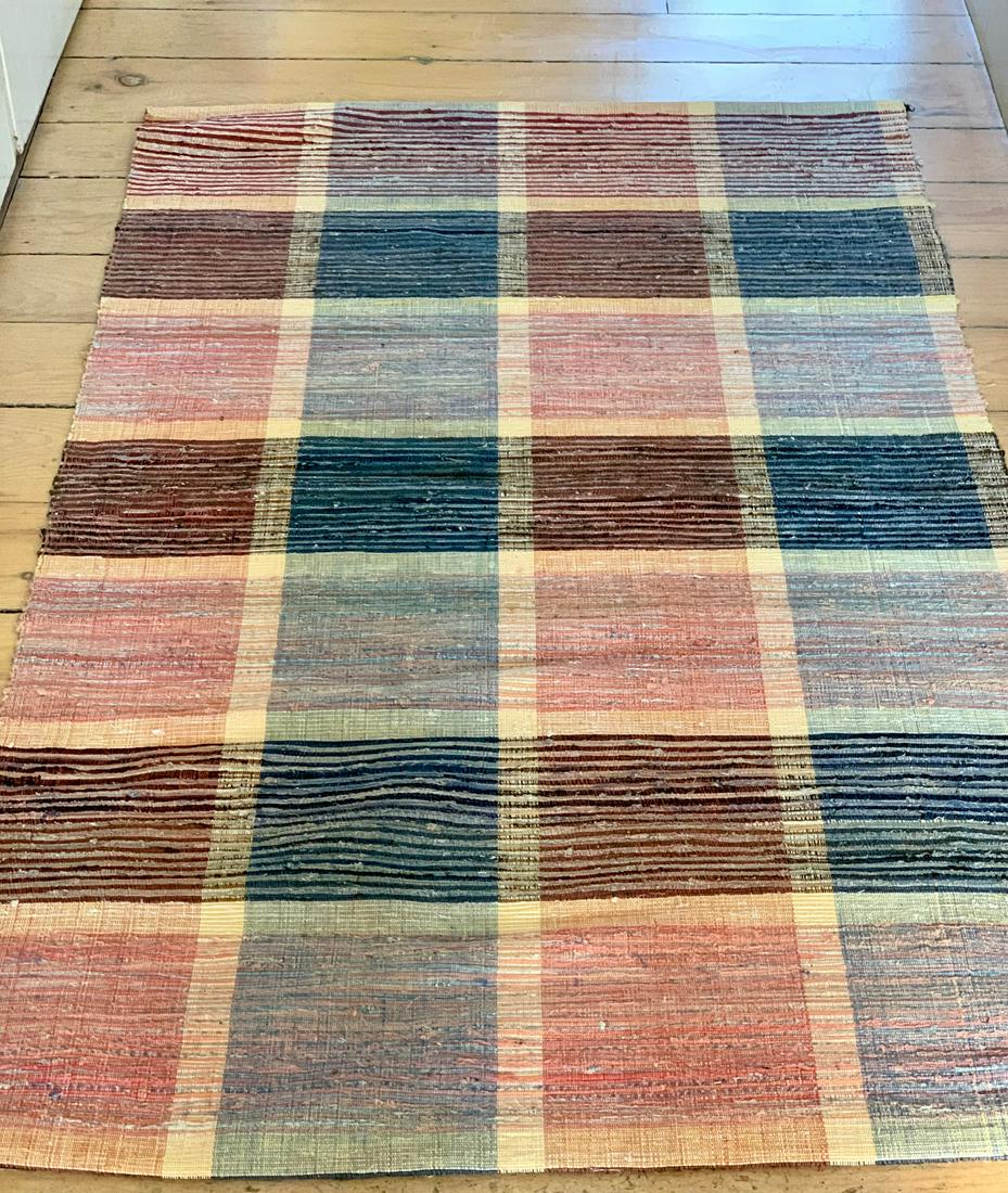 Complex Diminutive Rag Carpet: Title: Complex Diminutive Rag Carpet Dimension: 4 ft 10 x 35 in Circa: Early 20th c Additional Information: Red, salmon, blue, pale yellow. Shipping: Domestic: Flat-rate of $35.00 to anywhere within t