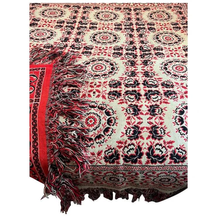 Vintage Norwegian Folk Art Weaving needle point Bedspread double sided 85x94": Vintage Norwegian Folk Art Weaving Bedspread double sided 85x94" a masterpiece hand woven can be used either on cream side or red, has fringe on three sides , immaculate condition no rips holes or sme