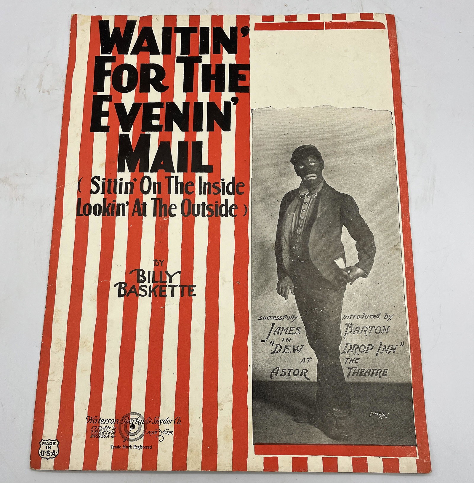 MINSTREL-VAUDEVILLE SHEET MUSIC WAITIN' FOR EVENIN' MAIL: Title: MINSTREL-VAUDEVILLE SHEET MUSIC WAITIN' FOR EVENIN' MAIL Date/Period: 1920's Dimension: approx 12" tall Material: paper Additional Information: Waitin' For The Evenin' Mail (Sittin' On The Insi