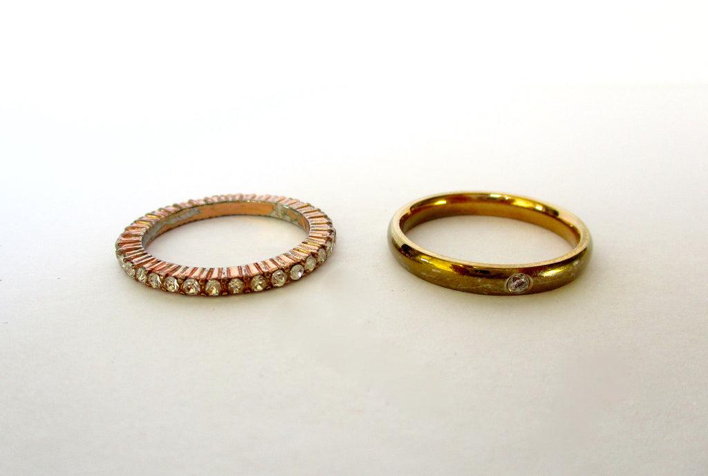 Two Vintage Brass & Rhinestone Stackable Rings: Title: Two Vintage Brass & Rhinestone Stackable Rings Additional Information: Two Vintage Rings Circa. 1980 American Two delicate brass stacking rings New-old stock - made in the 1980's but never worn