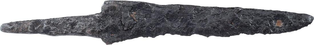 VIKING POUCH KNIFE, 9TH-11TH CENTURY: Slightly under 3" total length. Thin section for slashing. Whittle tang, to secure it to the wood, bone, or antler grip, now perished. Quite crisp with minimal degradation. These side or pouch knives 