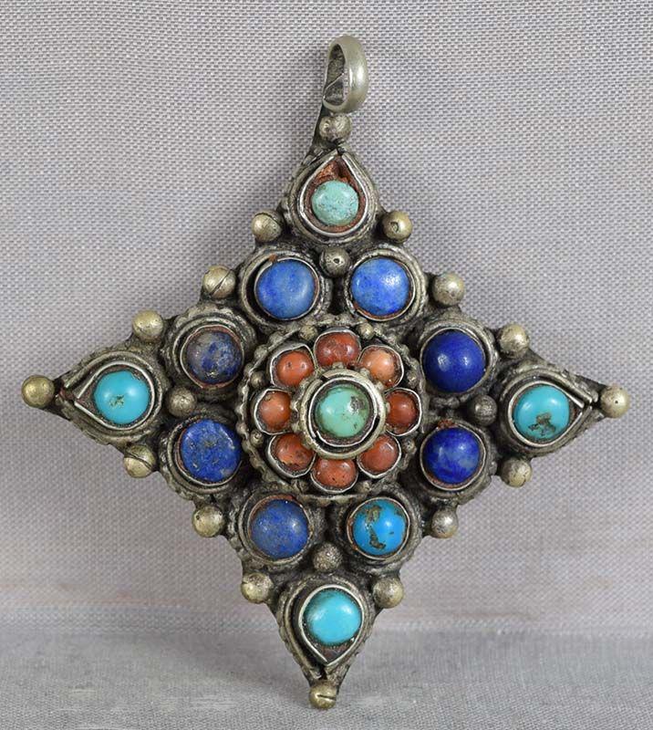 Early 19c Tibetan MANDALA PENDANT coral lapis turquoise (1 of 6)