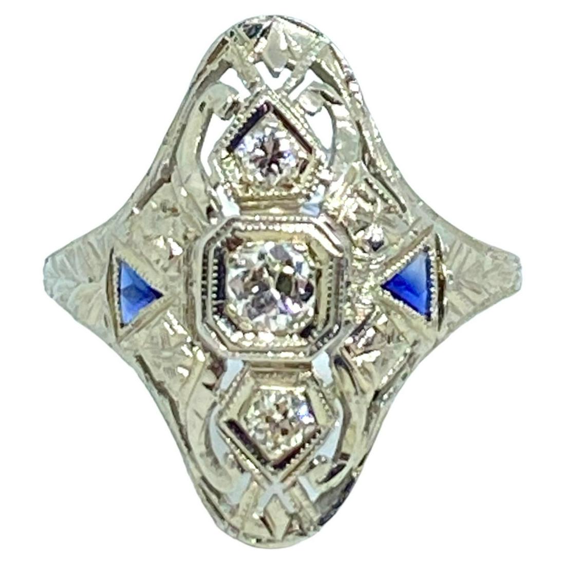Antique 18k white Gold Diamond sapphire sheild ring (1 of 4)