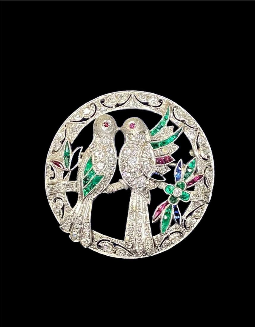 Magnificent Antique Platinum Diamond Love Birds Brooch with genuine rubies and emeralds 4ctw (1 of 8)