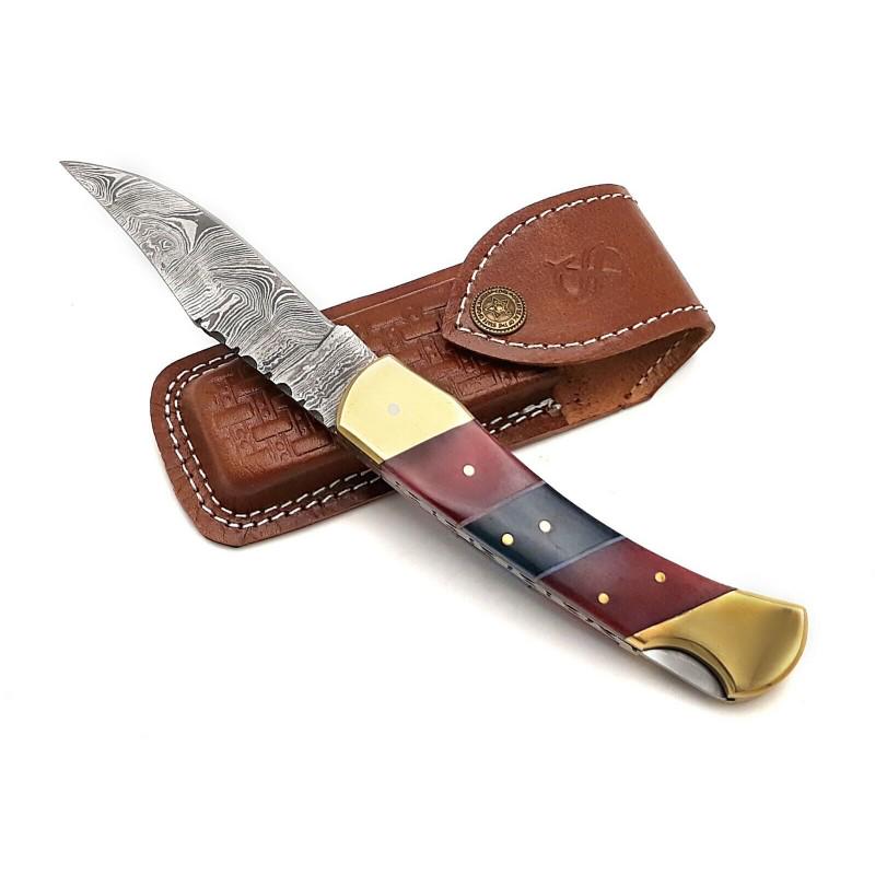 Everyday carry exclusive damascus steel knife folding: Blade - damask steel Handle – coloured bone, steel bolster Leather sheath – included Blade hardness – 55-58 HRC Total length – 8,75 (inch) Blade length - 3,75 (inch) Blade Thic