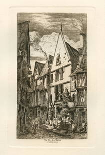 Charles Meryon "La rue des Toiles, Bourges": Medium: heliogravure (after the etching). This impression on wove paper was printed in 1885 for the Sylvester R. Koehler portfolio of etchings and published by Cassell & Company. Plate size: 8 3/8 x 5