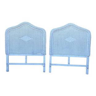 1980s White Wicker Twin Headboards - a Pair: Beautiful pair of white wicker headboards. Perfect for any kids or bonus room and for the interior designer.DIMENSIONS: 49"W x 3"D x 38"HSTYLES: French CountryBED SIZE: TwinPERIOD: 1980sITEM TYPE: