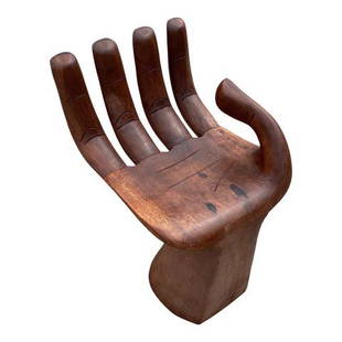 1970s Vintage Wooden Hand Shaped Chair: Large wooden hand shaped chair. Great conversation piece for any space and can also actually be used for sitting. Multiples available, please inquire.DIMENSIONS: 14"W x 18"D x 24"HSTYLES: