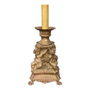 Gilded Cherub Metal Table Lamp: Beautiful gilded metal table lamp, perfect for the interior designer. Good vintage condition. Perfect for any space in your home on any tabletop.Dimensions: 6.5"W x 6.5"D x 15"LPeriod: 1970sItem