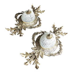 French Crystal and Acanthus Brass Flush Mounts - a Pair: Stunning set of flush mount light fixtures. Perfect to hang in hallway and to accent any space. Beautiful when lit. Perfect for the interior designer.DIMENSIONS: 25"W x 13"D x 6"LSTYLES: Hollywood