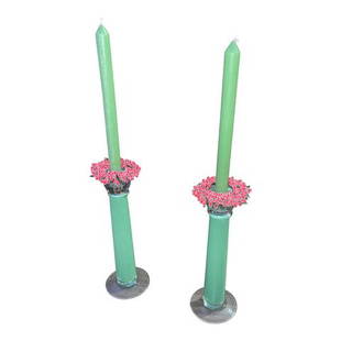 1970s Green Candle Holders With Candles- Set of 2: Up your consideration, is a beautiful set of candle holders with the candles. Great center piece for dining room tables.DIMENSIONS: 4"W x 4"D x 12"HSTYLES: English Mid-Century ModernPERIOD: 1970sITEM