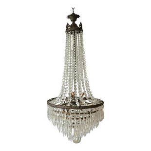 Drop Crystal Brass Chandelier: Gorgeous drop crystal chandelier with 6 bulbs capacity will illuminate any space beautifully. 3 feet.DIMENSIONS: 16"W x 16"D x 36"LSTYLES: Hollywood Regency TraditionalITEM TYPE: Vintage, Antique or