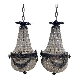 1970s Petite Charcoal Grey Chandeliers - a Pair: Beautiful pair of vintage empire ship matching pair of chandeliers in great condition. Gorgeous when lit! Perfect to hang over a countertop, vanity or kitchen island.DIMENSIONS: 9"W x 9"D x