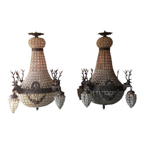 Dark Bronze Deer Stag Chandeliers - a Pair: Gorgeous pair of deer stag chandeliers which boasts 10 lights (six on the inside and four on the outside). Ready to hang in beautiful condition outfitted with brand new bulbs. DIMENSIONS: 24"W x 24"D