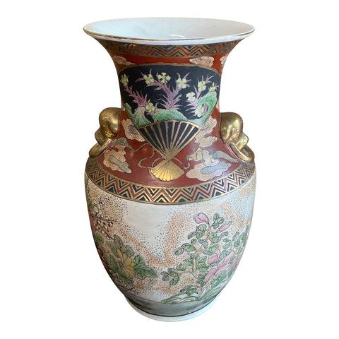 1970s Cherry Blossoms & Foo Dog Large Chinoserie Vase: Beautiful vase in great condition. Great for the interior designer. Great for displaying plants and decorative objects. DIMENSIONS: 8"W x 8"D x 14"H STYLES: Asian French PERIOD: 1970s ITEM TYPE: Vinta