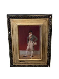 ORIGINAL OIL ON CANVAS BY KNOWN ARTIST IGNAZ MARCEL GAUGENGIGL "THE DANDY": Ignaz Marcel Gaugengigl. American. "The Dandy" Elegantly dressed man standing. Oil on panel. Framed.STYLES: EnglishMATERIALS: Paper, WoodCOLOR: Red, GoldART SUBJECT: FigureFRAME TYPE: