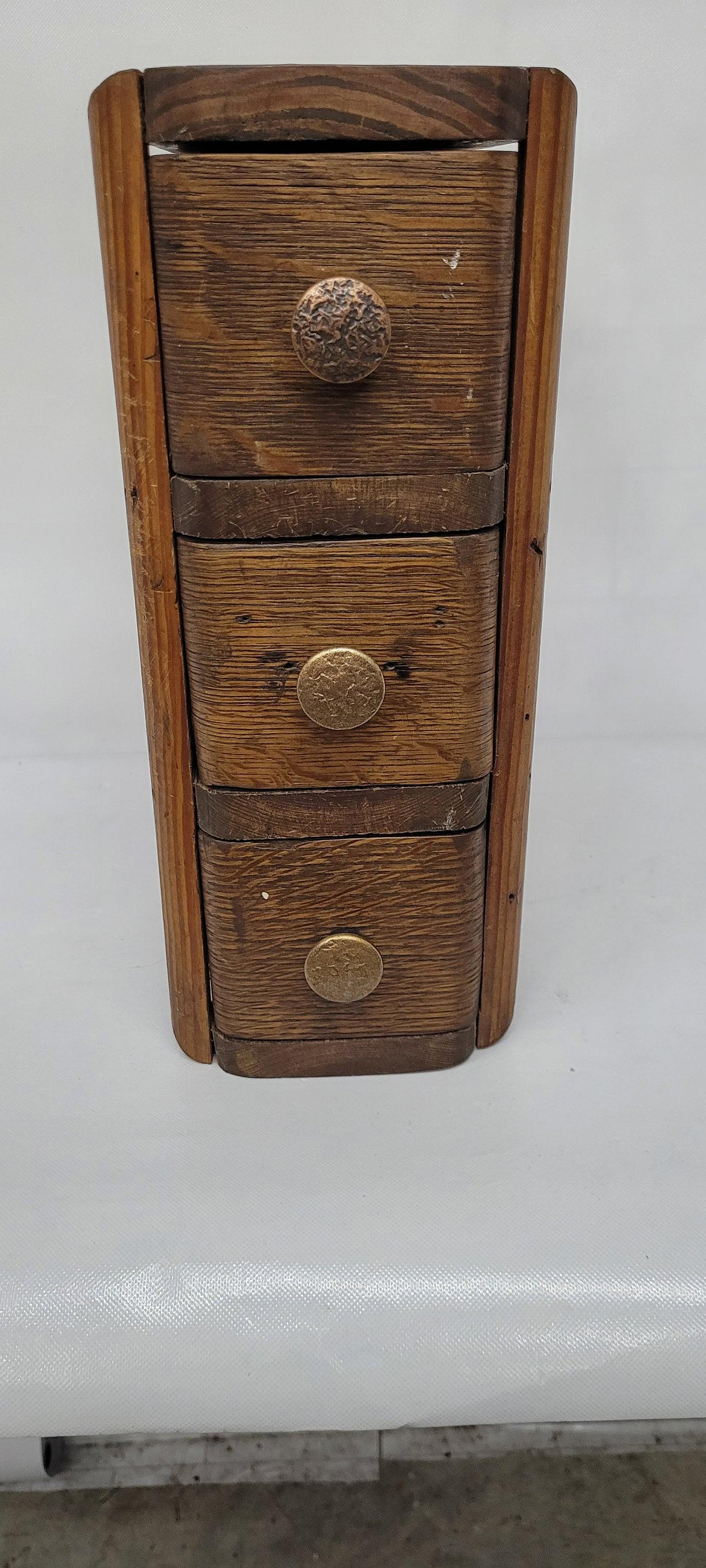 Vintage Wood Box 3 Drawer Antique Sewing Cabinet Table Top Storage: Vintage from the 1930s Materials: Wood Width: 15 inches Height: 15.5 inches Depth: 6 inches Description Vintage Wood Box 3 Drawer Antique Sewing Cabinet Table Top Storage In good condition with minor