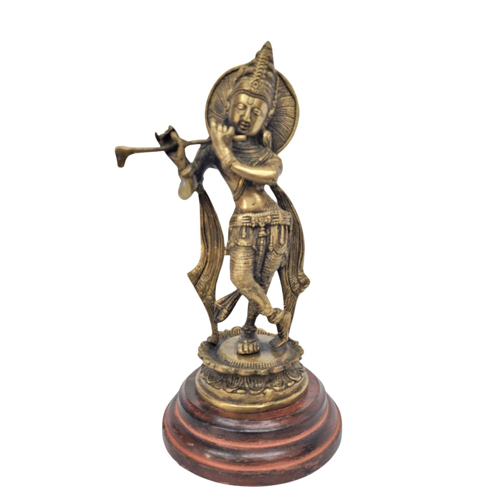 Vintage Brass Asian Sculpture Krishna Playing Flute Table Top Statue, intricate details Wood Display (1 of 9)