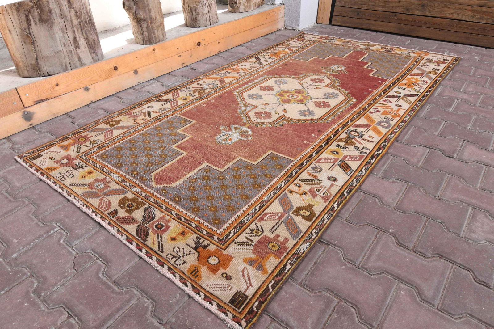 OUSHAK RUG Pastel Area Oushak Antique: Title: OUSHAK RUG Pastel Area Oushak Antique Origin: Turkey Date/Period: 1960 - 1970 Dimension: Width: 4 feet Length: 7.6 feet Materials: Wool And Cotton Description: This Turkish Rug one-of-a-kind Vi