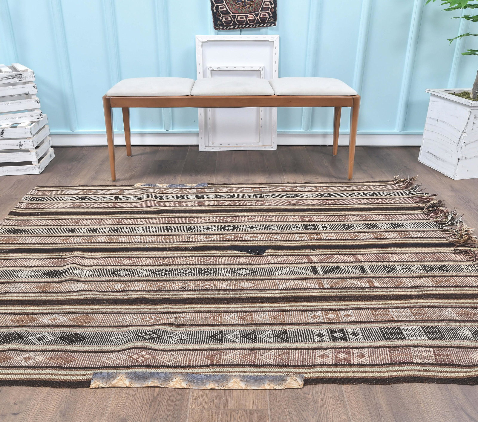 4.8x6.3 Brown Kilim One of A Kind Kilim Oushak: Title: 4.8x6.3 Brown Kilim One of A Kind Kilim Oushak Origin: Turkey Date/Period: 1960 - 1970 Dimension: Width: 4.8 feet | Length: 6.3 feet Materials: Wool and Cotton Description: This one-of-a-kind V
