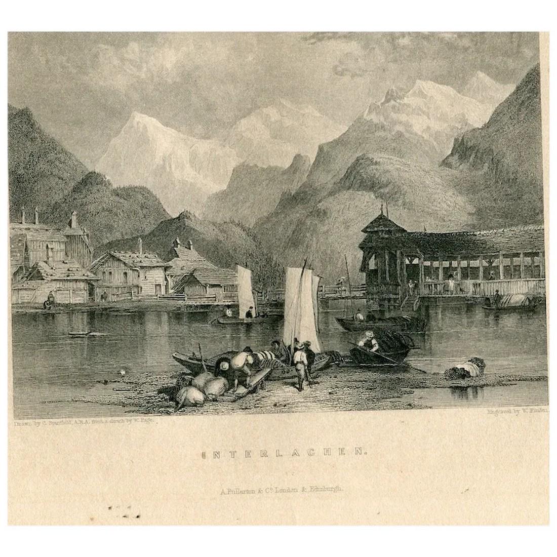 Interlaken, Switzerland. Antique steel engraving, c. 1833.: Title: Interlachen Artist: after drawing of William Page (British, 1794-1872). Artist: after sketch of Clarkson Stanfield (Bristish, 1793-1867). Engraving: William Finden (1787-1852). Description: ant