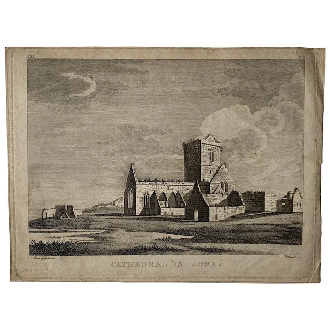 Cathedral in Jona, Scotland. Antique engraving old print from 18th century (1772): Title: Cathedral in Jona. Engraver: Peter Mazell, 1761 fl-1802. Artist: after Moses Griffith, 6 April 1747 – 11 November 1819 Plate size: 16,7x22,3 cms. Provenance: A Tour in Scotland, and Voyag