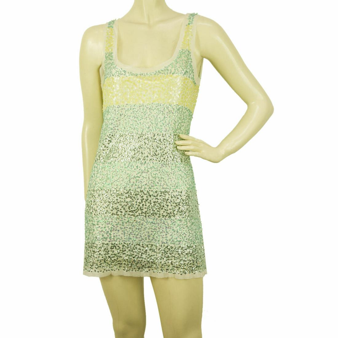 DKNY Green & Yellow Striped Sleeveless Sequins 100% Mini Length Dress sz S: DKNY Green & Yellow Striped Sleeveless Sequins 100% Mini Length Dress sz S Be bold and unique as you make an entrance in this magnificent dress by DKNY! This beautiful striped mini cocktail dress is m